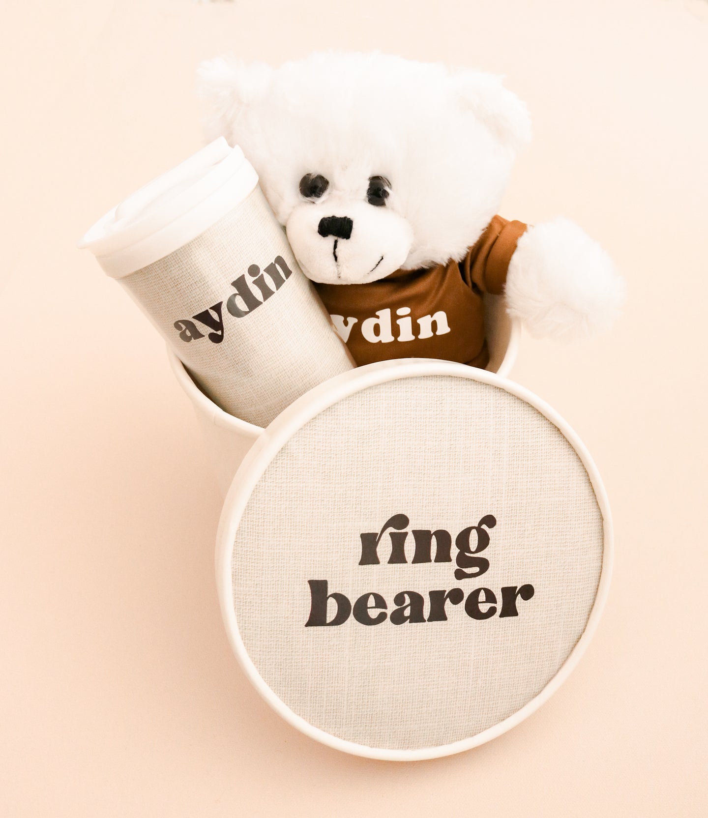 Personalized White Plush Bear w/ brown Tshirt. Great Ring boy gift